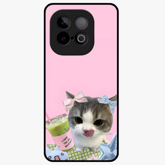 Love Matcha Cat Glass Case showing flat back view with cute cat and matcha themed artwork and glossy glass finish.