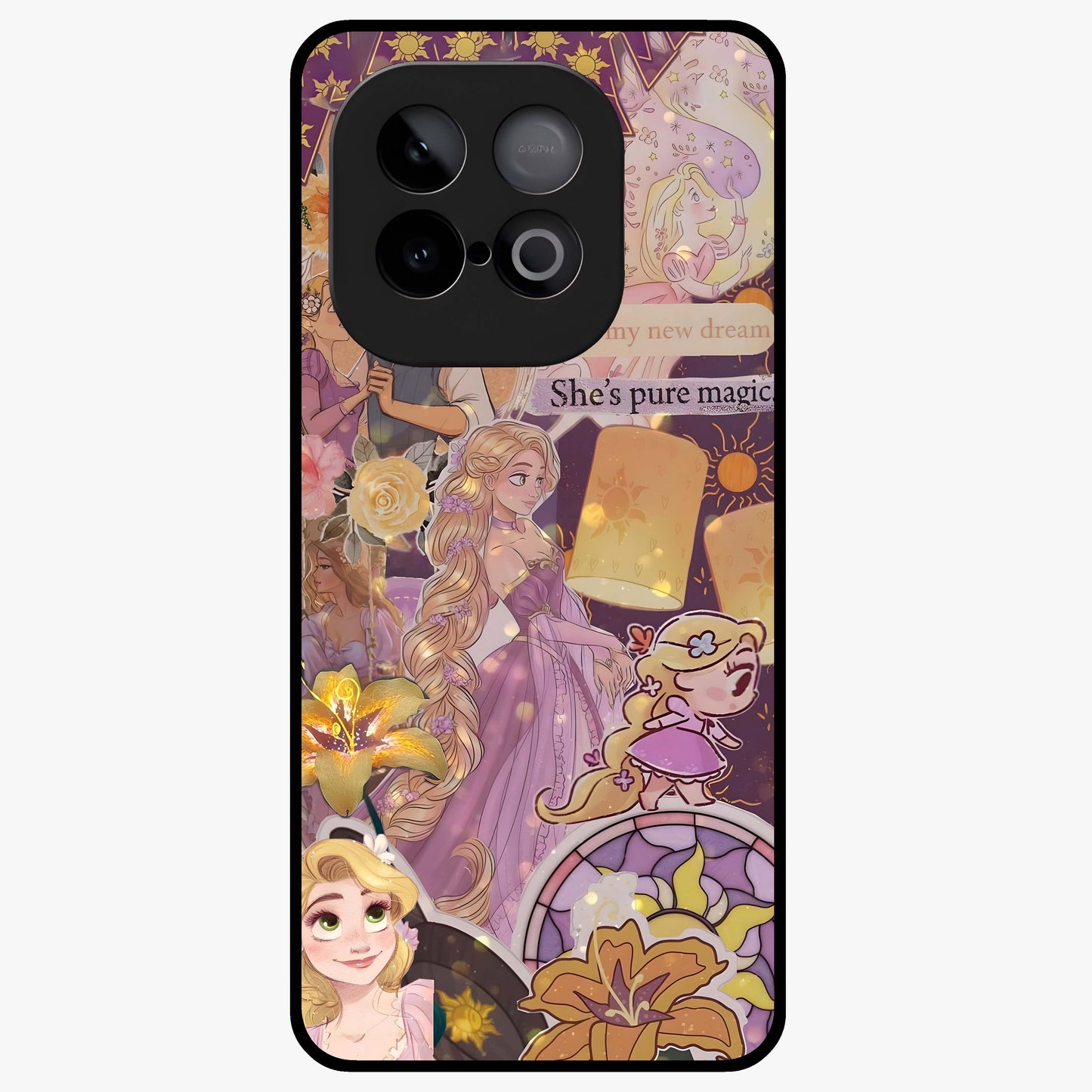 Magical Tangled Dream Glass Case showing flat back view with dreamy tangled artwork and glossy glass finish.