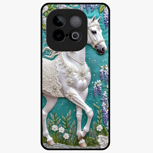 Majestic Floral Stallion Glass Case showing flat back view with powerful horse and floral artwork and glossy glass finish.