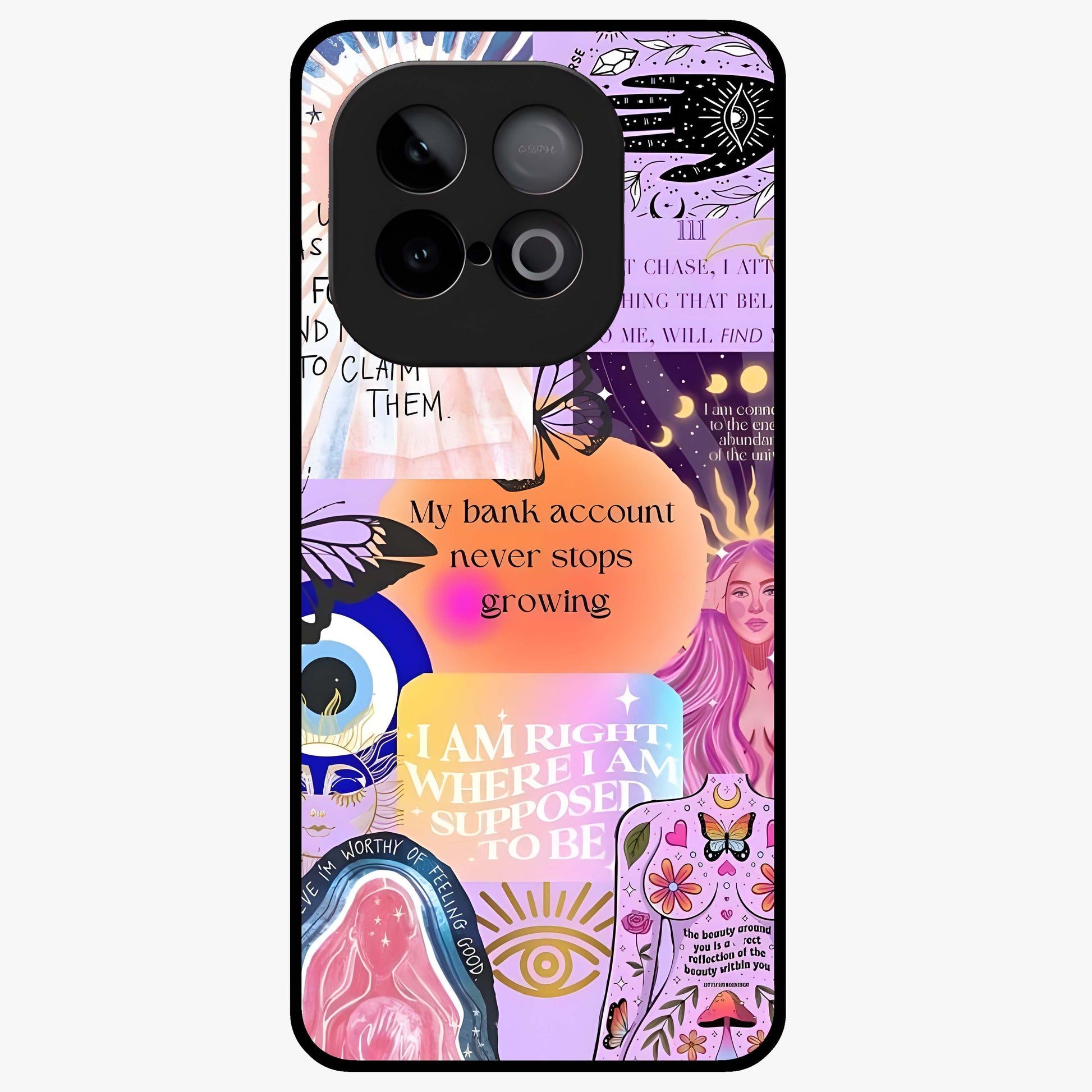 Manifestation Collage Glass Case showing flat back view with motivational collage artwork and glossy glass finish.