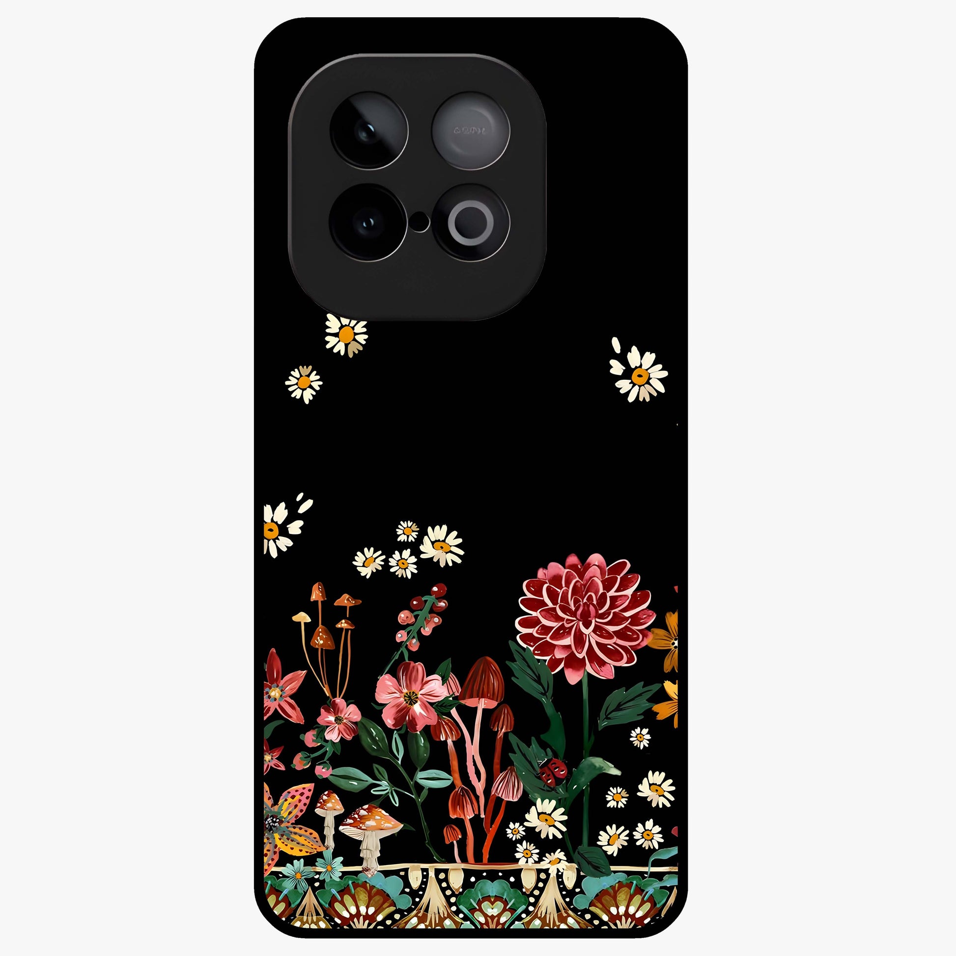 Midnight Bloom Pattern Glass Case showing flat back view with dark floral pattern artwork and glossy glass finish.