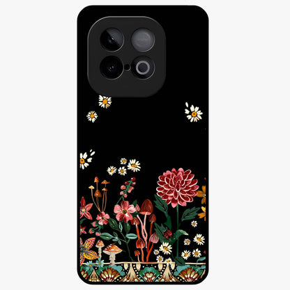 Midnight Bloom Pattern Glass Case showing flat back view with dark floral pattern artwork and glossy glass finish.