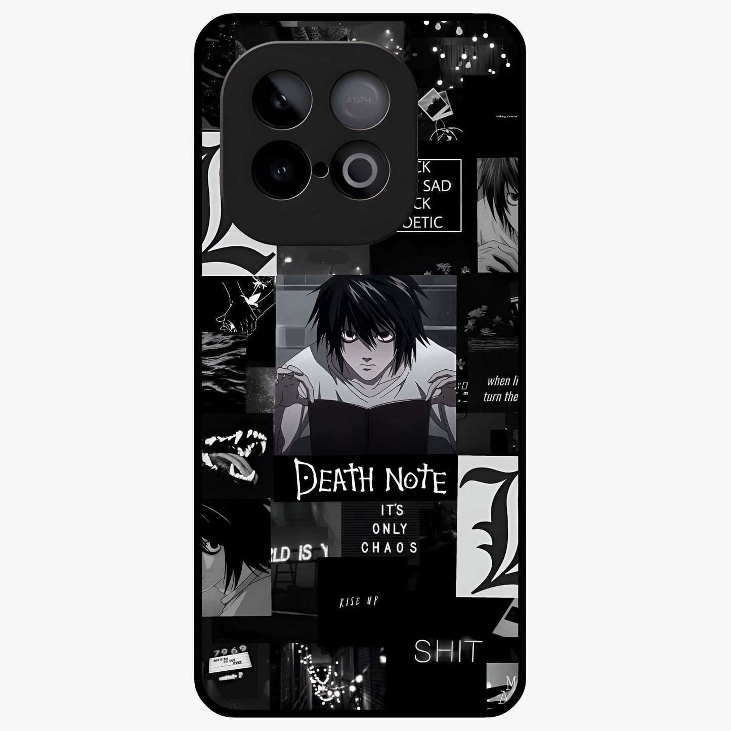 Midnight Chaos Mind Glass Case showing flat back view with abstract dark themed artwork and glossy glass finish.