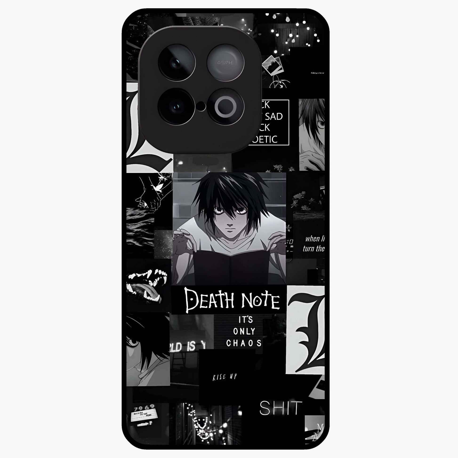 Midnight Chaos Mind Glass Case showing flat back view with abstract dark themed artwork and glossy glass finish.