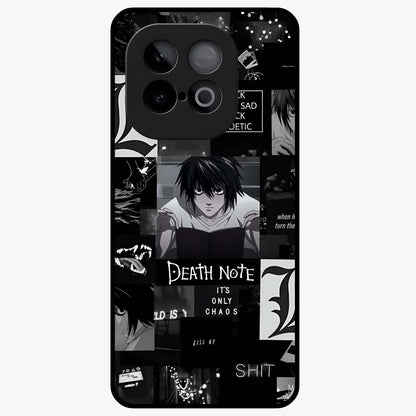 Midnight Chaos Mind Glass Case showing flat back view with abstract dark themed artwork and glossy glass finish.