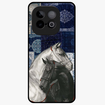 Midnight Stallion Blues Glass Case showing flat back view with majestic horse artwork and glossy glass finish.