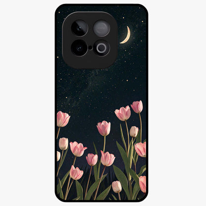Midnight Tulip Whispers Vibe Glass Case showing flat back view with elegant tulip flower artwork and glossy glass finish.