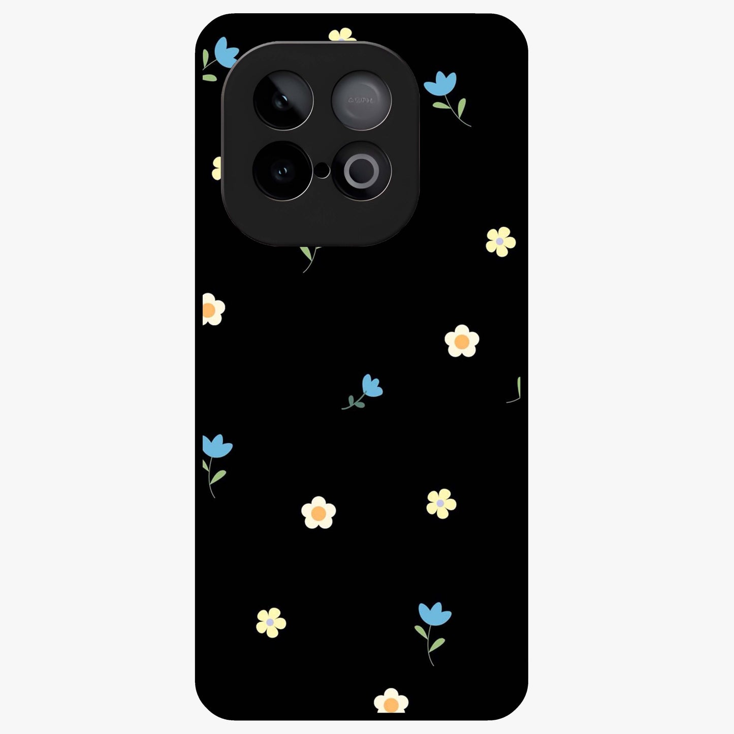 Minimalistic Blue With White Flower Pattern Glass Case showing flat back view with blue background and white flower pattern and glossy glass finish.