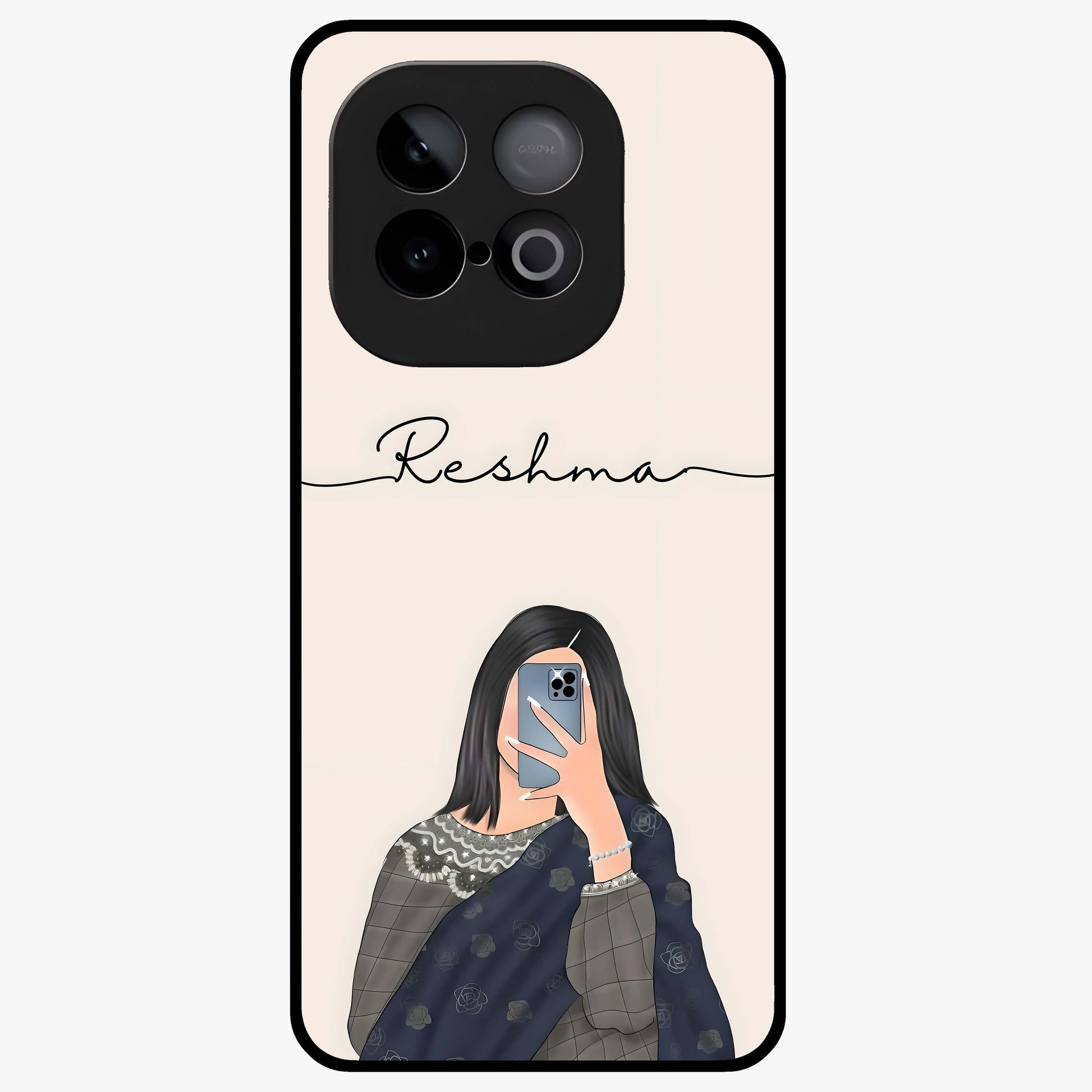 Mirror Mood Muse With Custom Name Glass Case showing flat back view with stylish mirrored artwork and personalized name design.