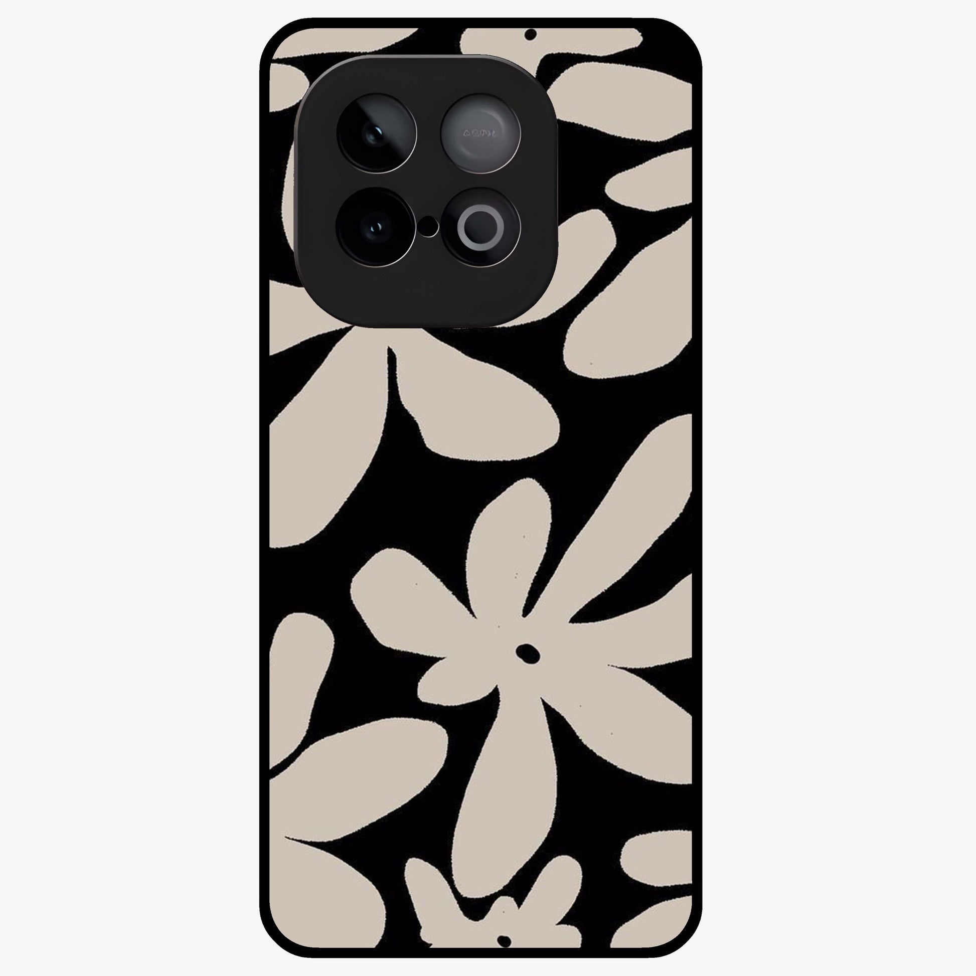 Monochrome Petal Dance Glass Case showing flat back view with monochrome floral artwork and glossy glass finish.