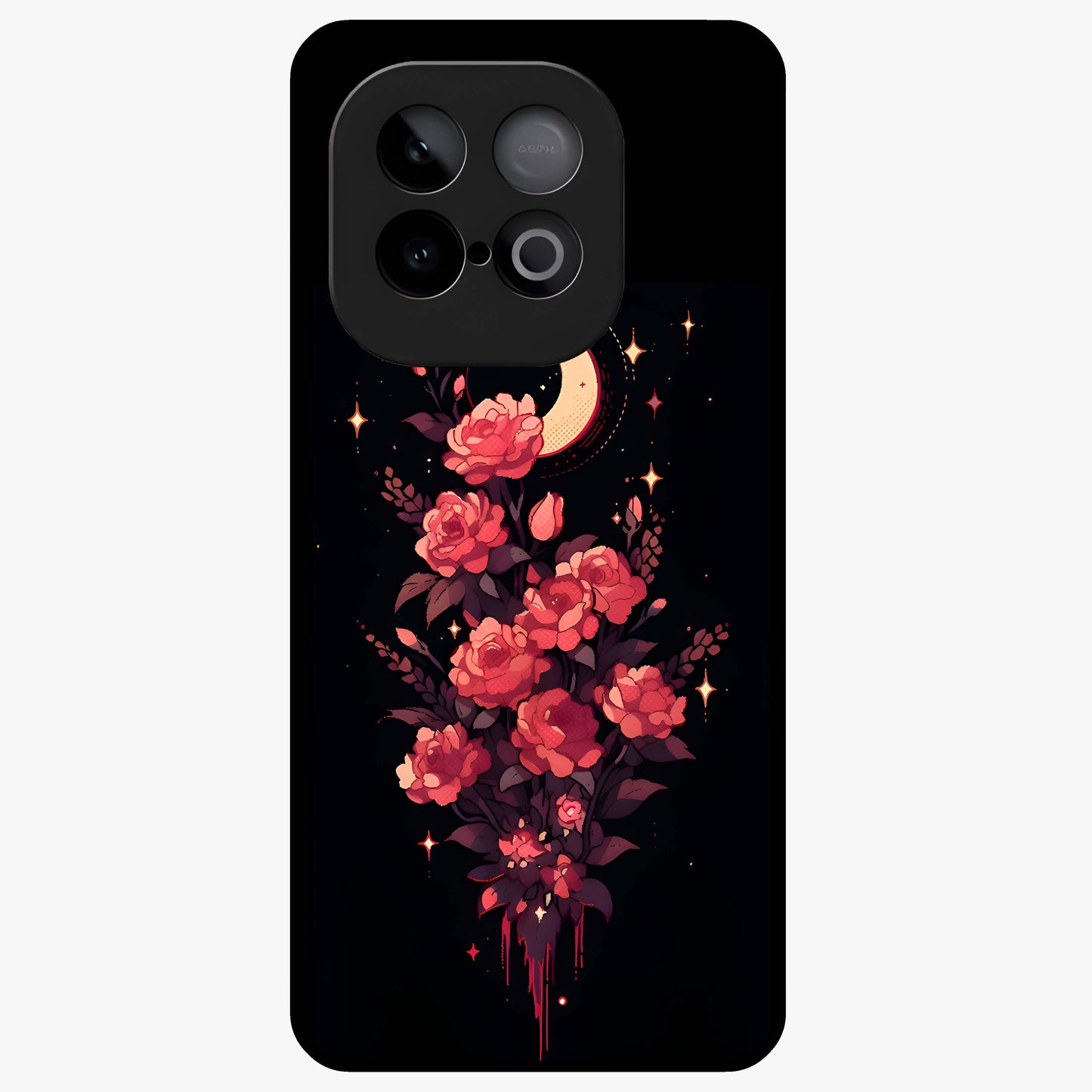 Moonlit Floral Elegance Glass Case showing flat back view with elegant floral artwork under moonlit tones and glossy glass finish.