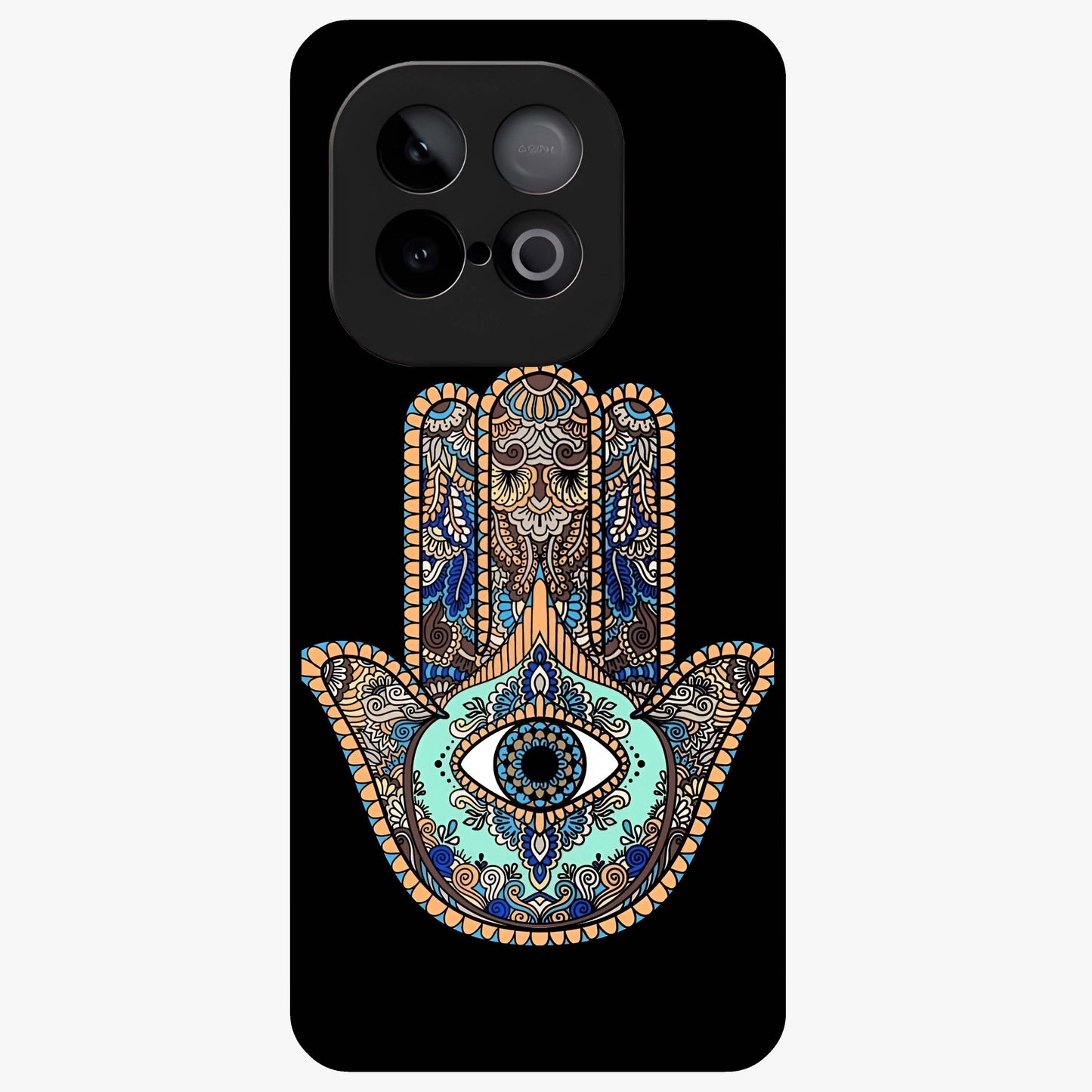 Mystic Hamsa Eye Glass Case showing flat back view with protective hamsa hand and evil eye artwork and glossy glass finish.