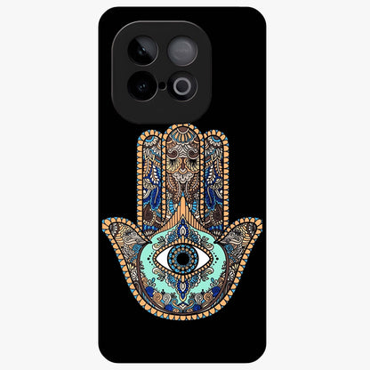 Mystic Hamsa Eye Glass Case showing flat back view with protective hamsa hand and evil eye artwork and glossy glass finish.