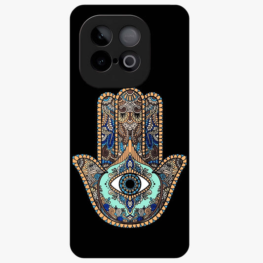 Mystic Hamsa Eye Glass Case showing flat back view with protective hamsa hand and evil eye artwork and glossy glass finish.
