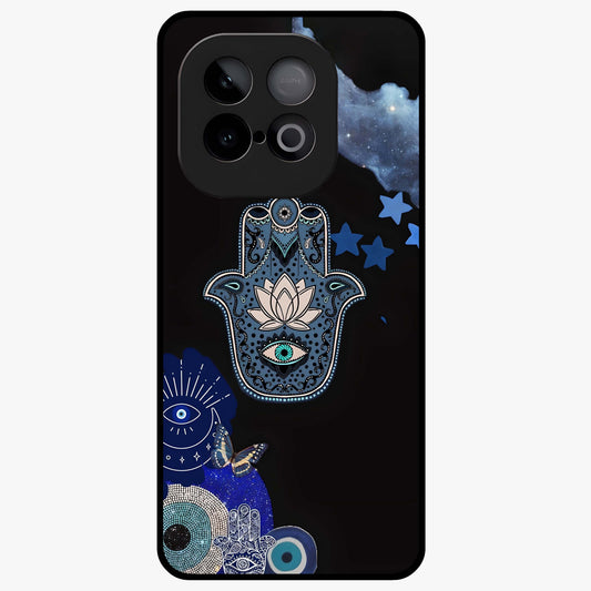Mystic Hand Aura Glass Case showing flat back view with mystical hand symbol artwork and glossy glass finish.