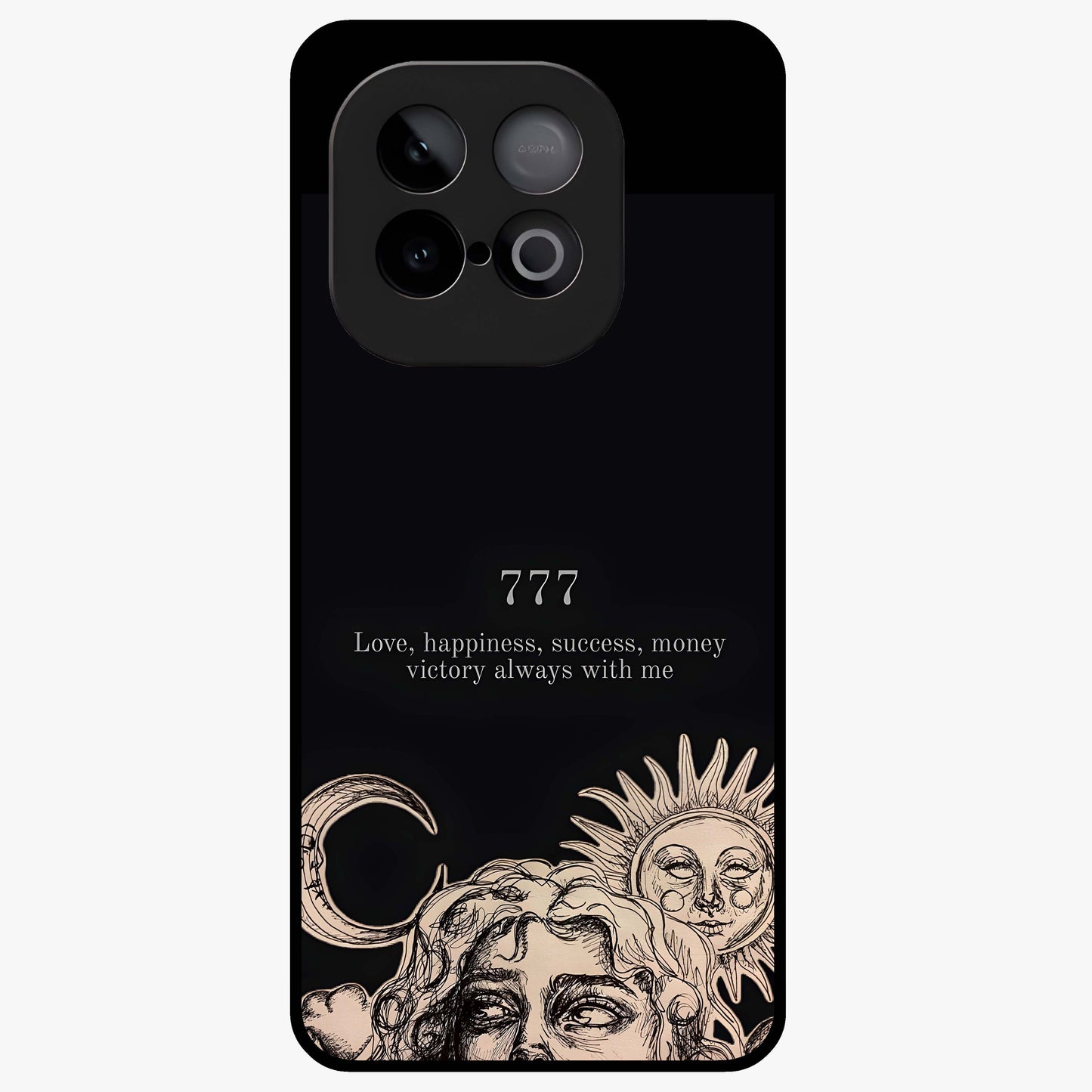 Mystic Victory Aura Glass Case showing flat back view with victory symbol artwork and glossy glass finish.