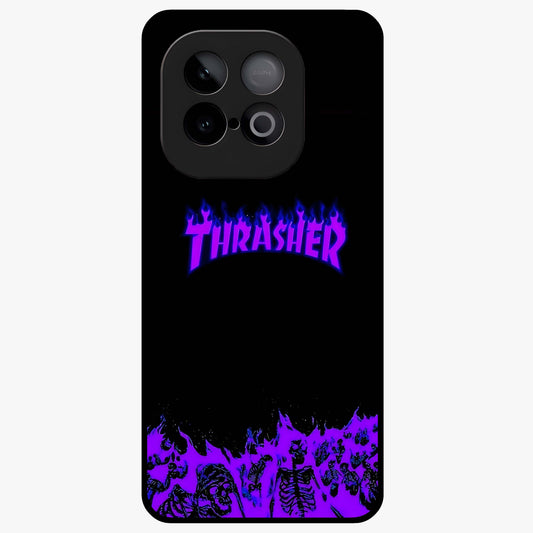 Neon Flame Riot Glass Case showing flat back view with neon flame artwork and glossy glass finish.