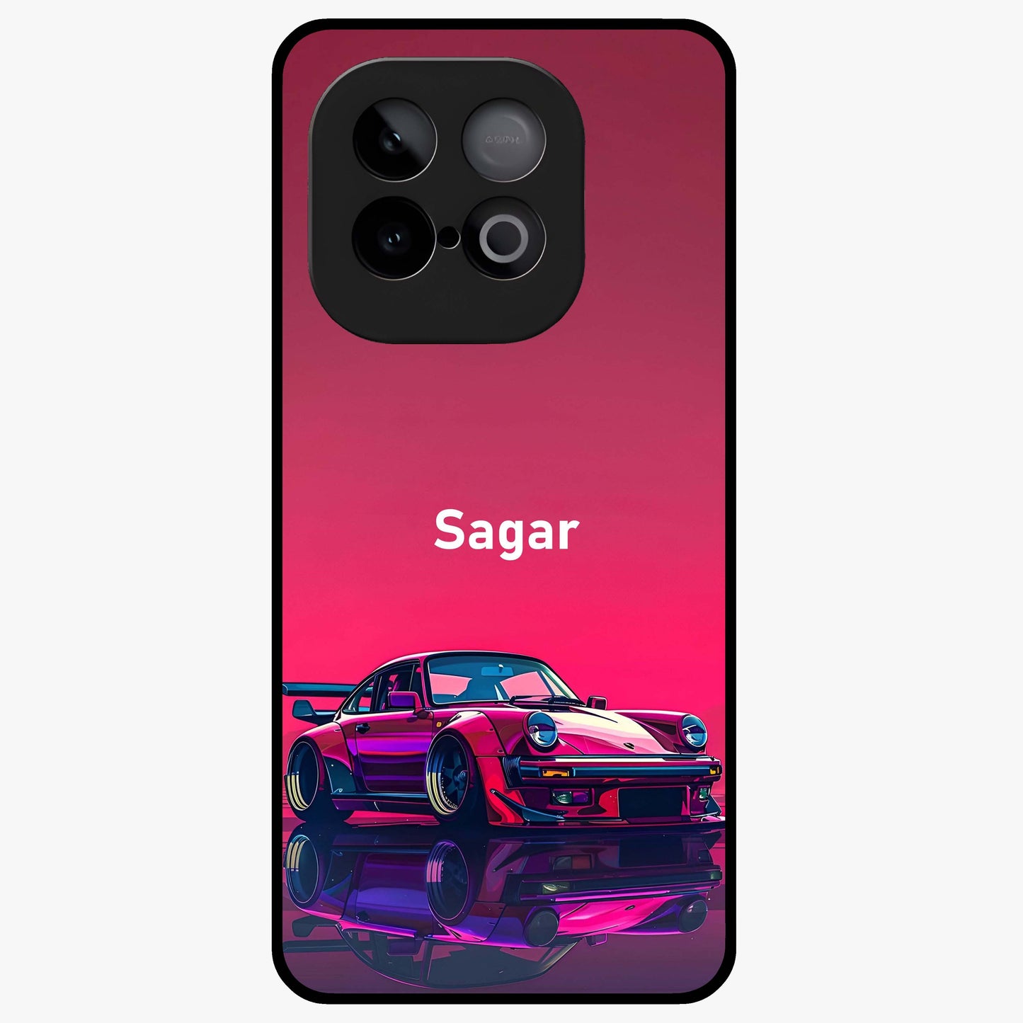 Neon Pink Porsche Glass Case showing flat back view with stylish sports car artwork and glossy glass finish.