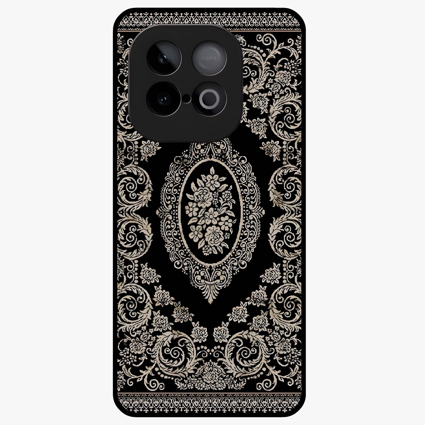 Noir Bloom Elegance Glass Case showing flat back view with elegant dark floral artwork and glossy glass finish.