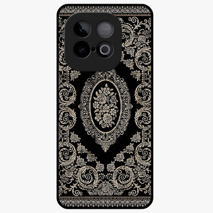Noir Bloom Elegance Glass Case showing flat back view with elegant dark floral artwork and glossy glass finish.