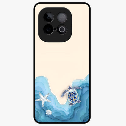 Ocean Drift Turtle Glass Case showing flat back view with sea turtle artwork and glossy glass finish.