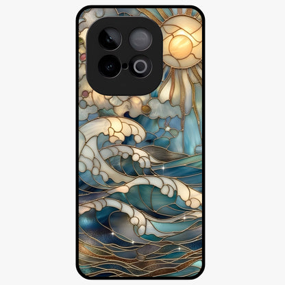Oceanic Stained Printed Glass Case showing flat back view with ocean inspired stained pattern artwork and glossy glass finish.