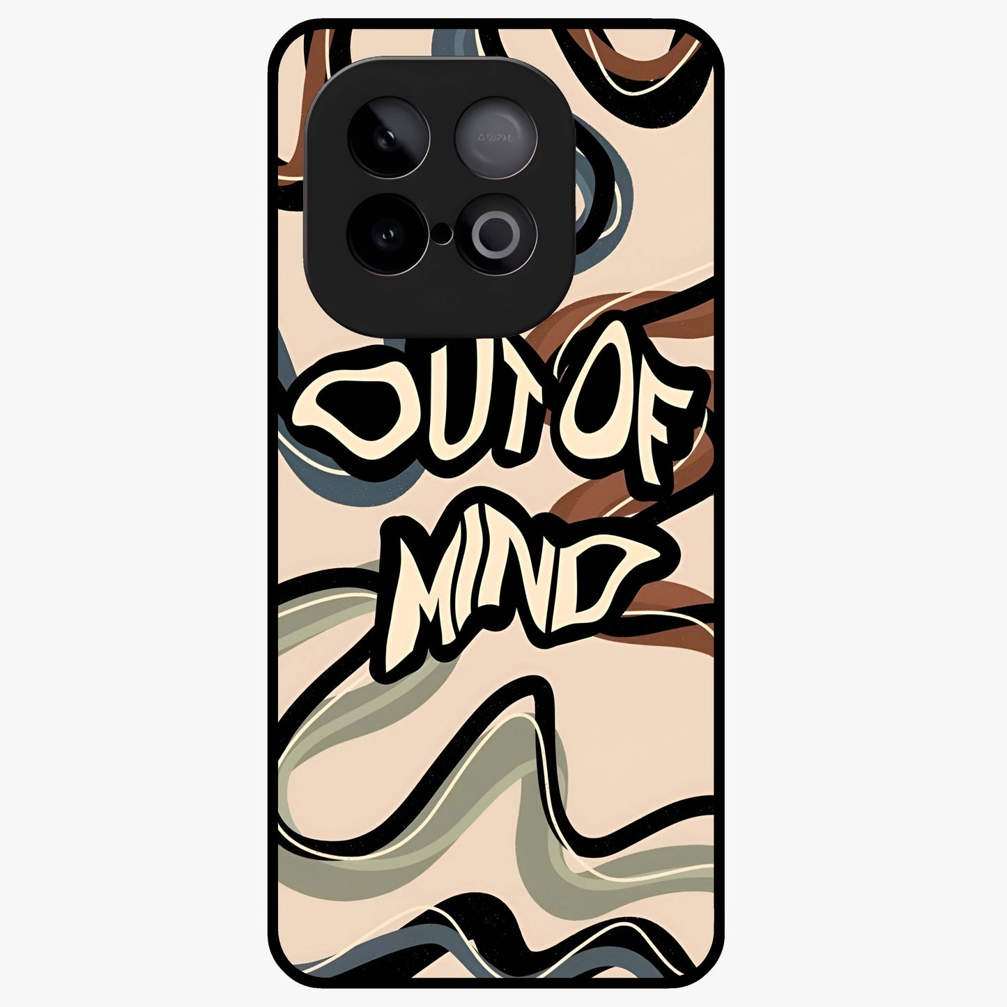 Out Of Mind Glass Case showing flat back view with expressive typography artwork and glossy glass finish.