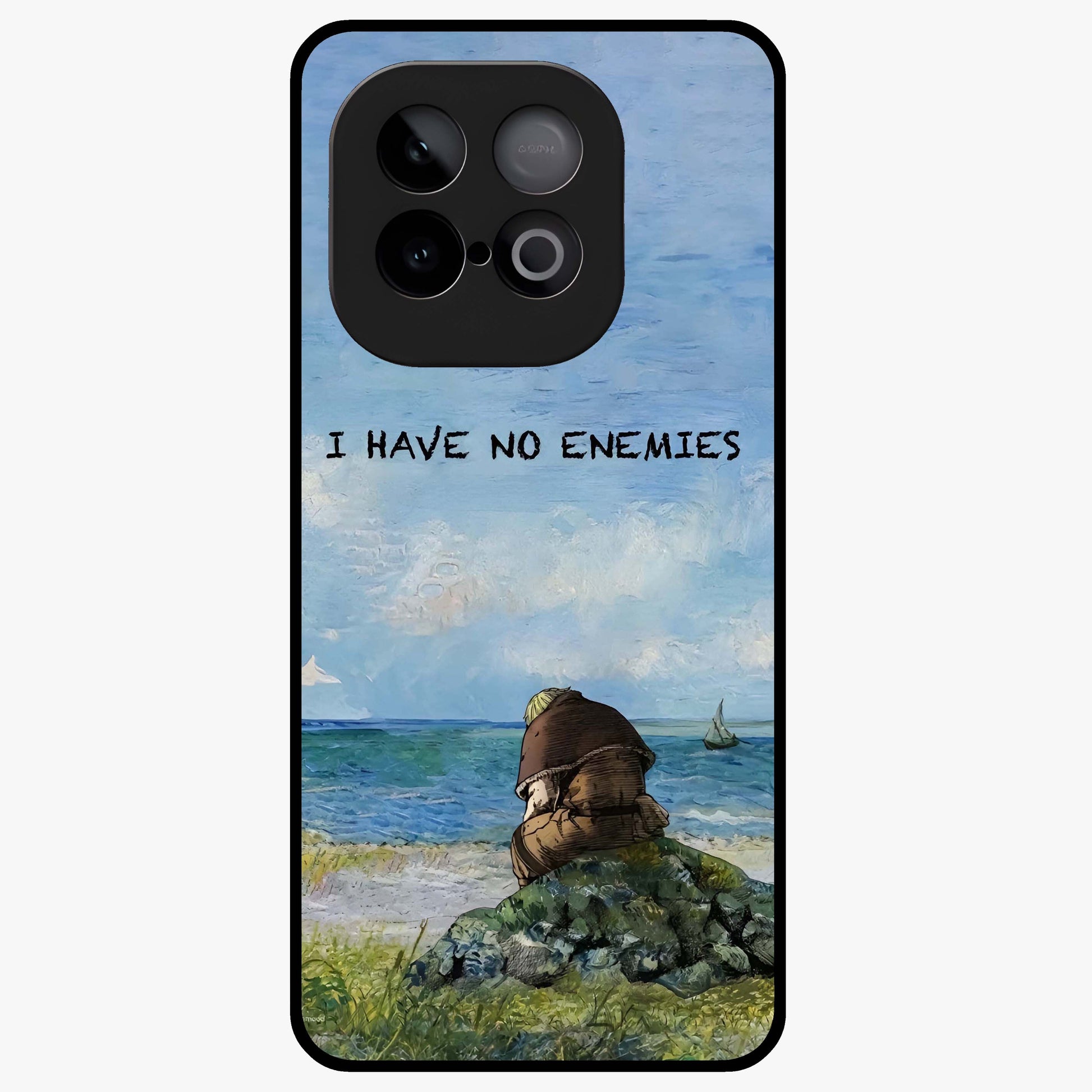 Peace Beyond War Glass Case showing flat back view with symbolic peace themed artwork and glossy glass finish.