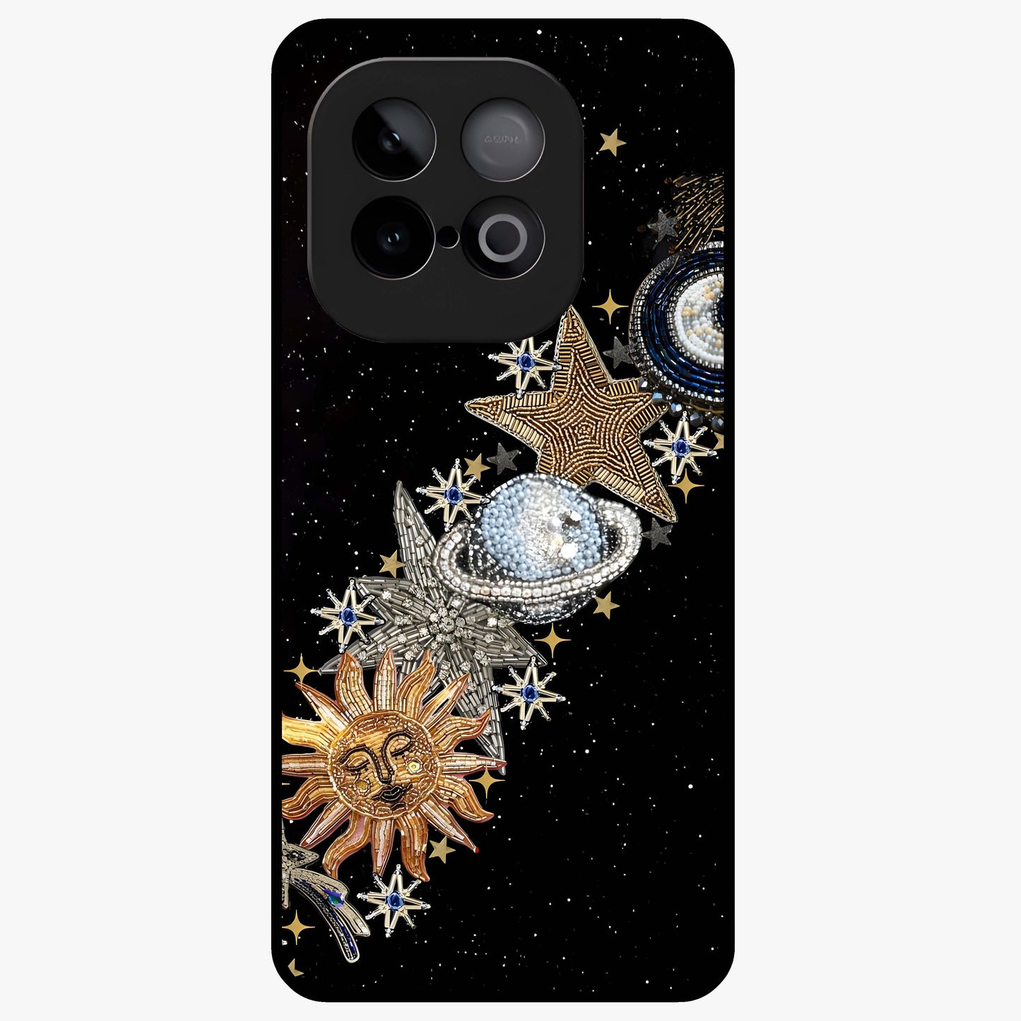 Pearls Universe Object Glass Case showing flat back view with pearl inspired cosmic artwork and glossy glass finish.
