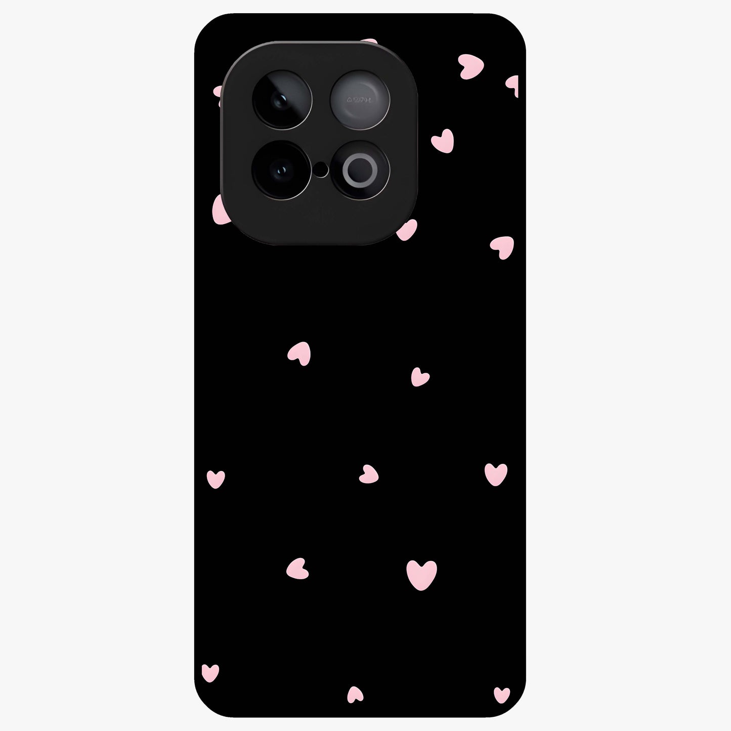 Pink Love Drops Glass Case showing flat back view with playful pink heart drops artwork and glossy glass finish.