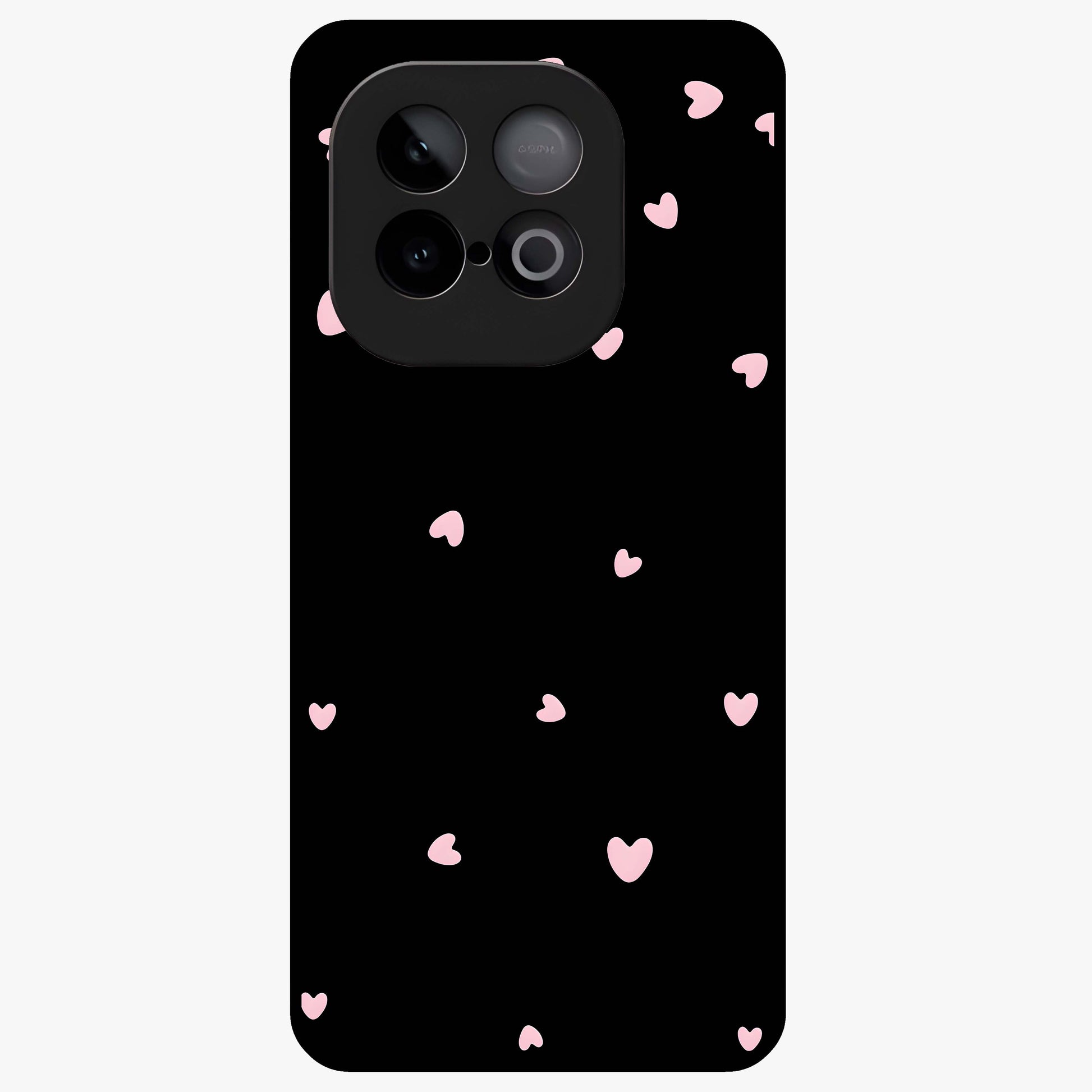 Pink Love Drops Glass Case showing flat back view with playful pink heart drops artwork and glossy glass finish.
