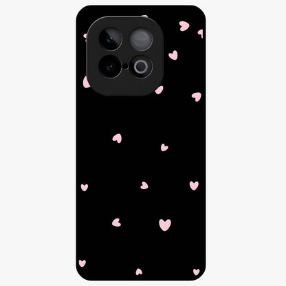 Pink Love Drops Glass Case showing flat back view with playful pink heart drops artwork and glossy glass finish.
