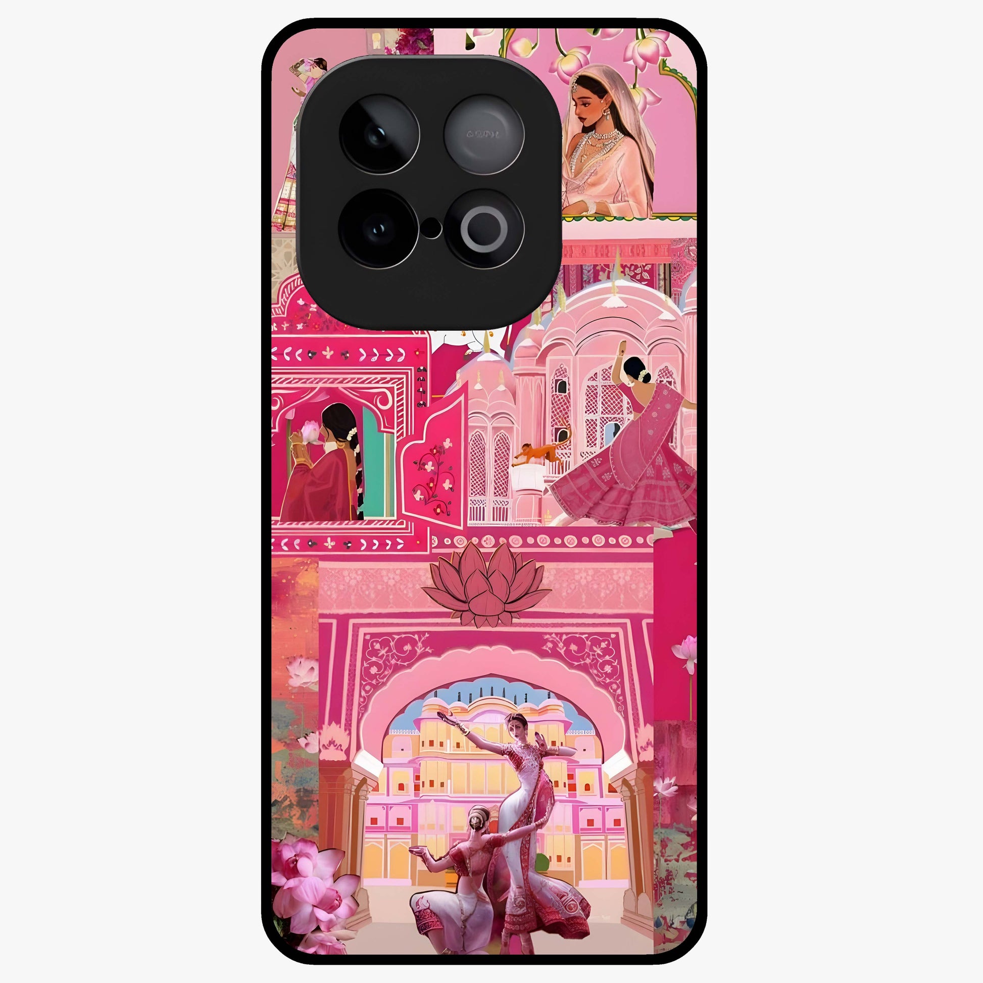 Pink Palace Muse Glass Case showing flat back view with elegant palace inspired artwork and glossy glass finish.