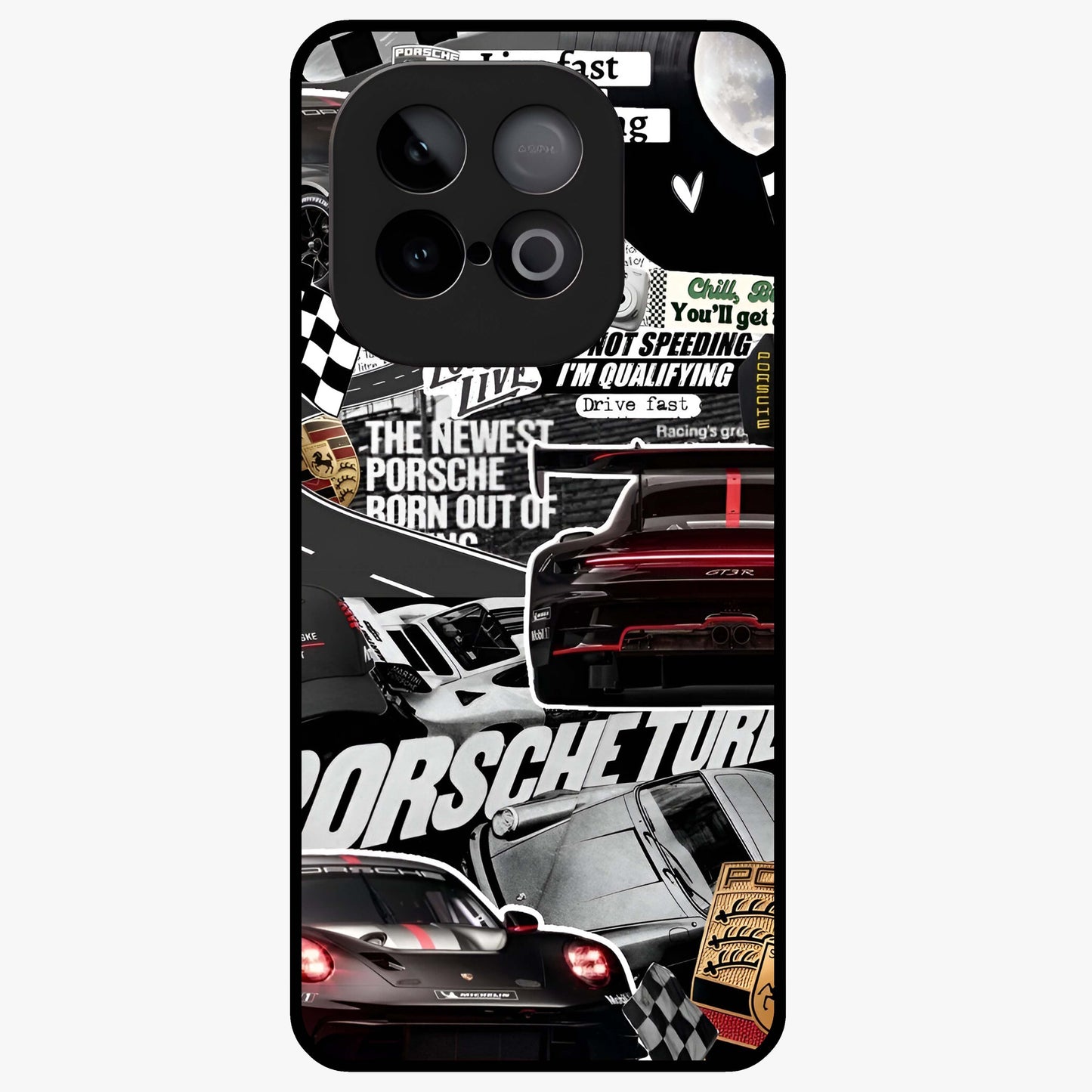 Porsche Racing Collage Glass Case showing flat back view with sports car racing collage artwork and glossy glass finish.