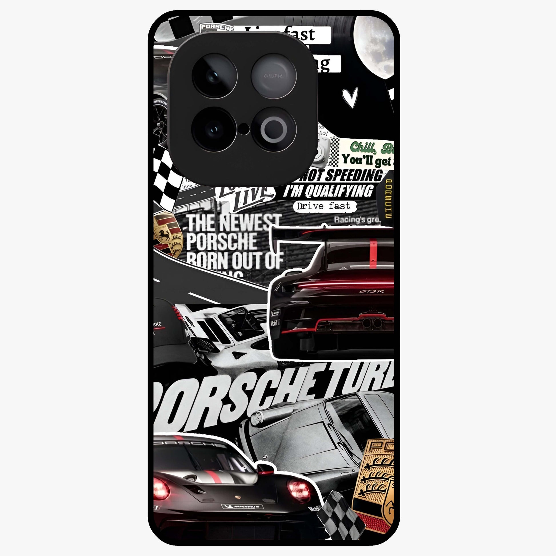 Porsche Racing Collage Glass Case showing flat back view with sports car racing collage artwork and glossy glass finish.