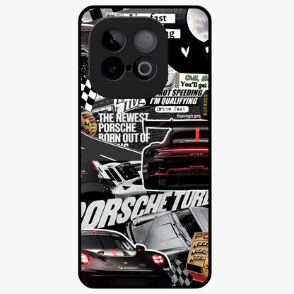 Porsche Racing Collage Glass Case showing flat back view with sports car racing collage artwork and glossy glass finish.
