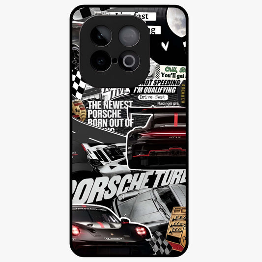 Porsche Racing Collage Glass Case showing flat back view with sports car racing collage artwork and glossy glass finish.