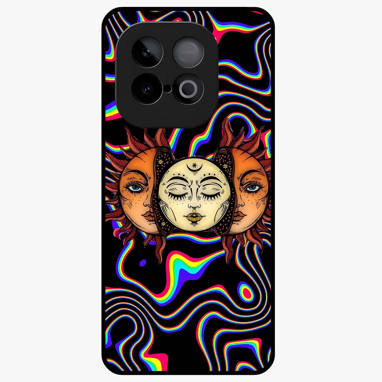 Psychedelic Sun Glass Case showing flat back view with colorful psychedelic sun artwork and glossy glass finish.