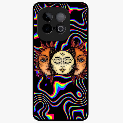 Psychedelic Sun Glass Case showing flat back view with colorful psychedelic sun artwork and glossy glass finish.