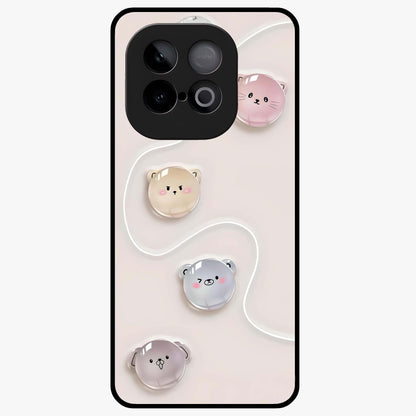 Puffy Face Parade Glass Case showing flat back view with cute puffy character faces artwork and glossy glass finish.