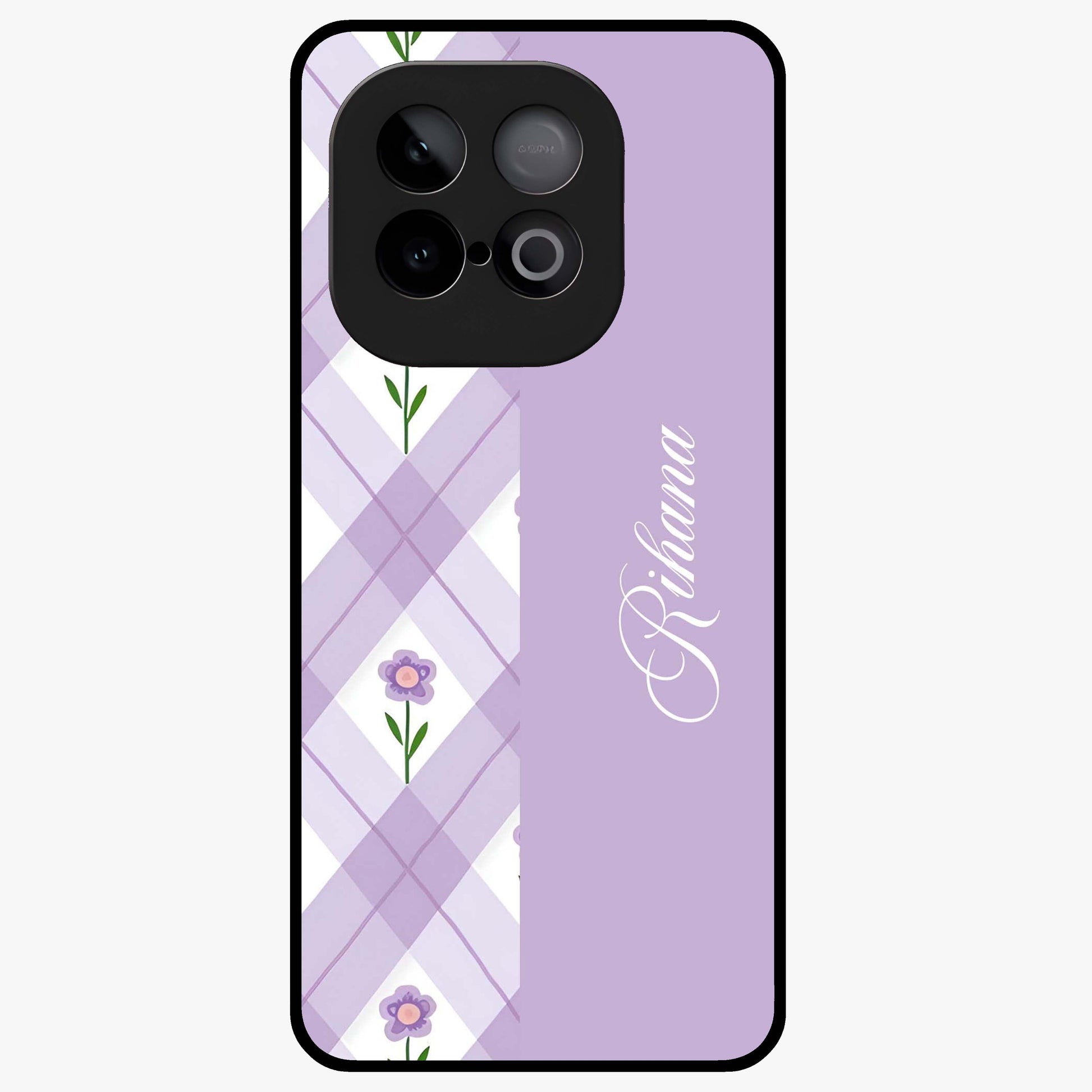 Purple Diamond Floral Glass Case showing flat back view with diamond shaped floral artwork and glossy glass finish.