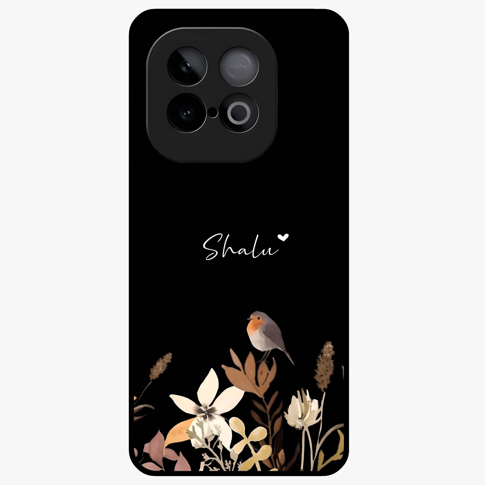 Quiet Garden Tune Custom Name Glass Case showing flat back view with peaceful garden artwork and personalized name design.