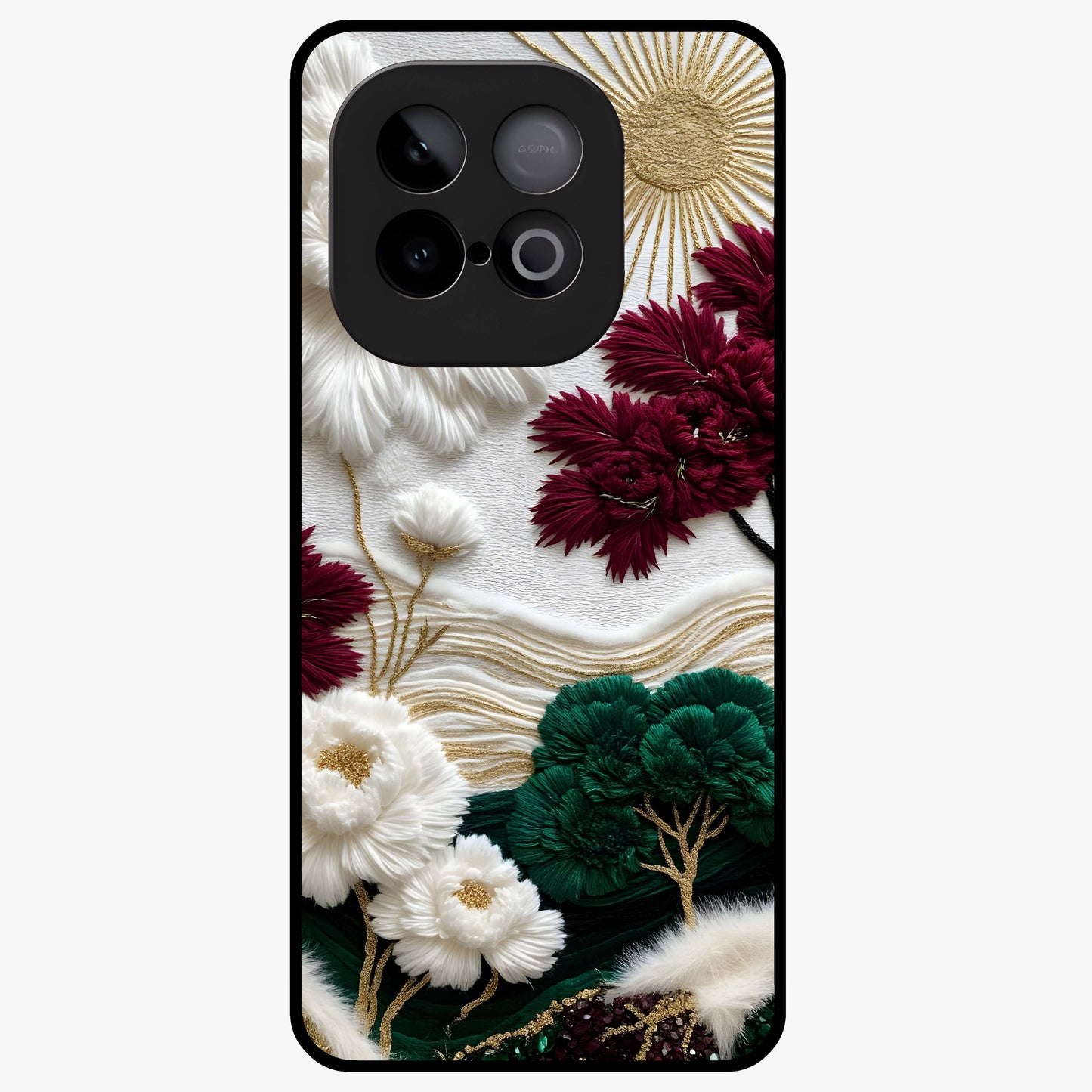 Radiant Bloom Elegance Glass Case showing flat back view with elegant blooming flower artwork and glossy glass finish.