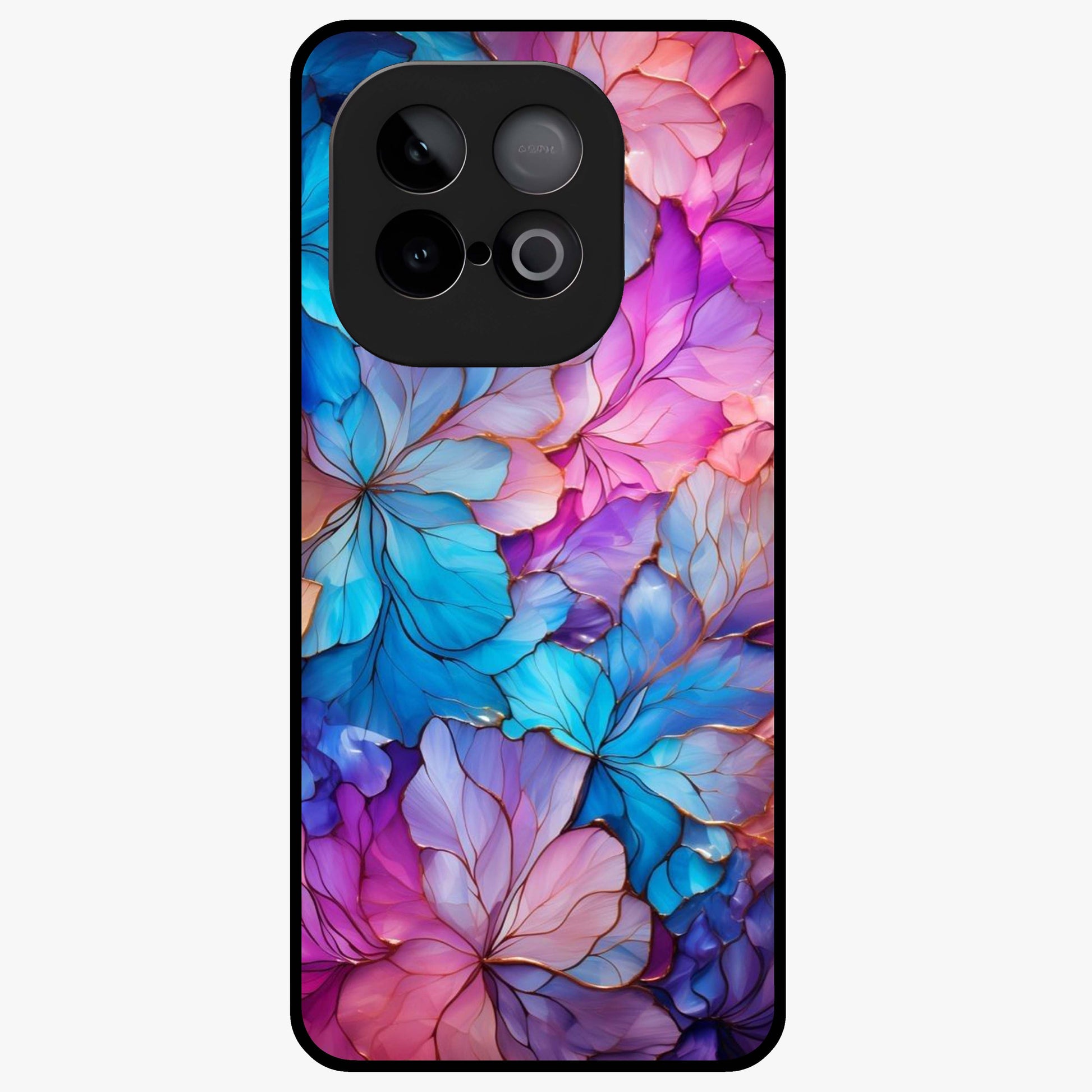 Radiant Floral Whirl Glass Case showing flat back view with swirling floral artwork and glossy glass finish.