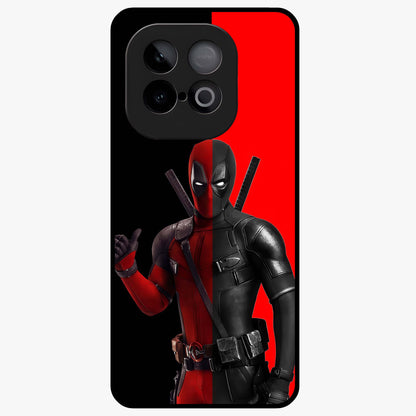 Red & Black Deadpool Theme Glass Case showing flat back view with bold comic inspired artwork and glossy glass finish.