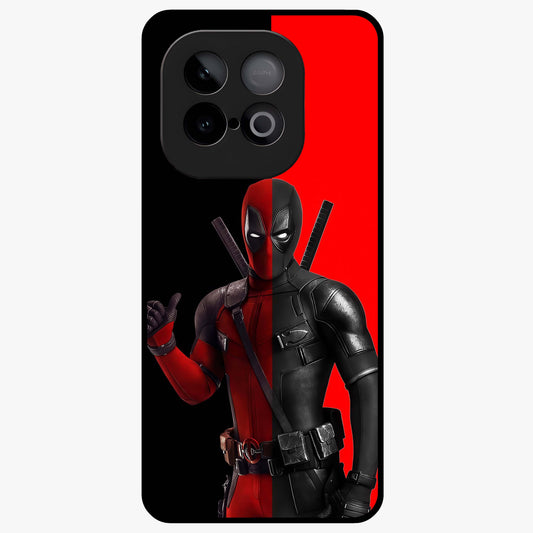 Red & Black Deadpool Theme Glass Case showing flat back view with bold comic inspired artwork and glossy glass finish.