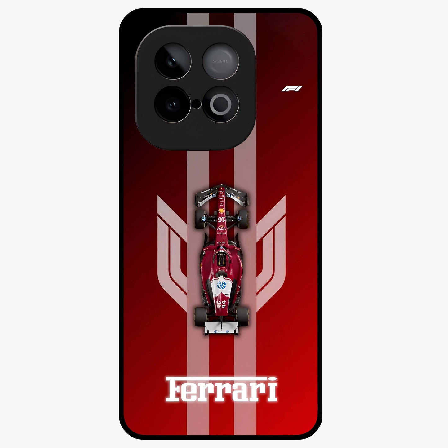 Red Ferrari F1 Vertical Glass Case showing flat back view with sleek Formula racing car artwork and glossy glass finish.