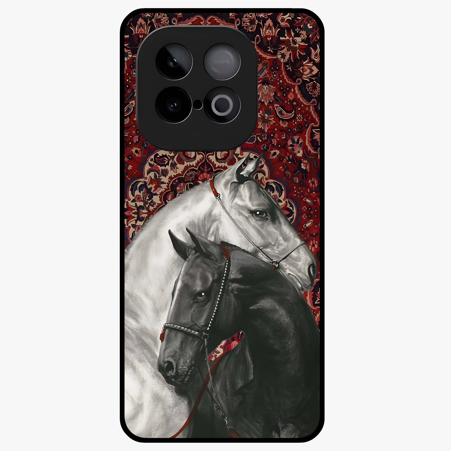 Regal Stallion Tapestry Glass Case showing flat back view with majestic horse tapestry artwork and glossy glass finish.
