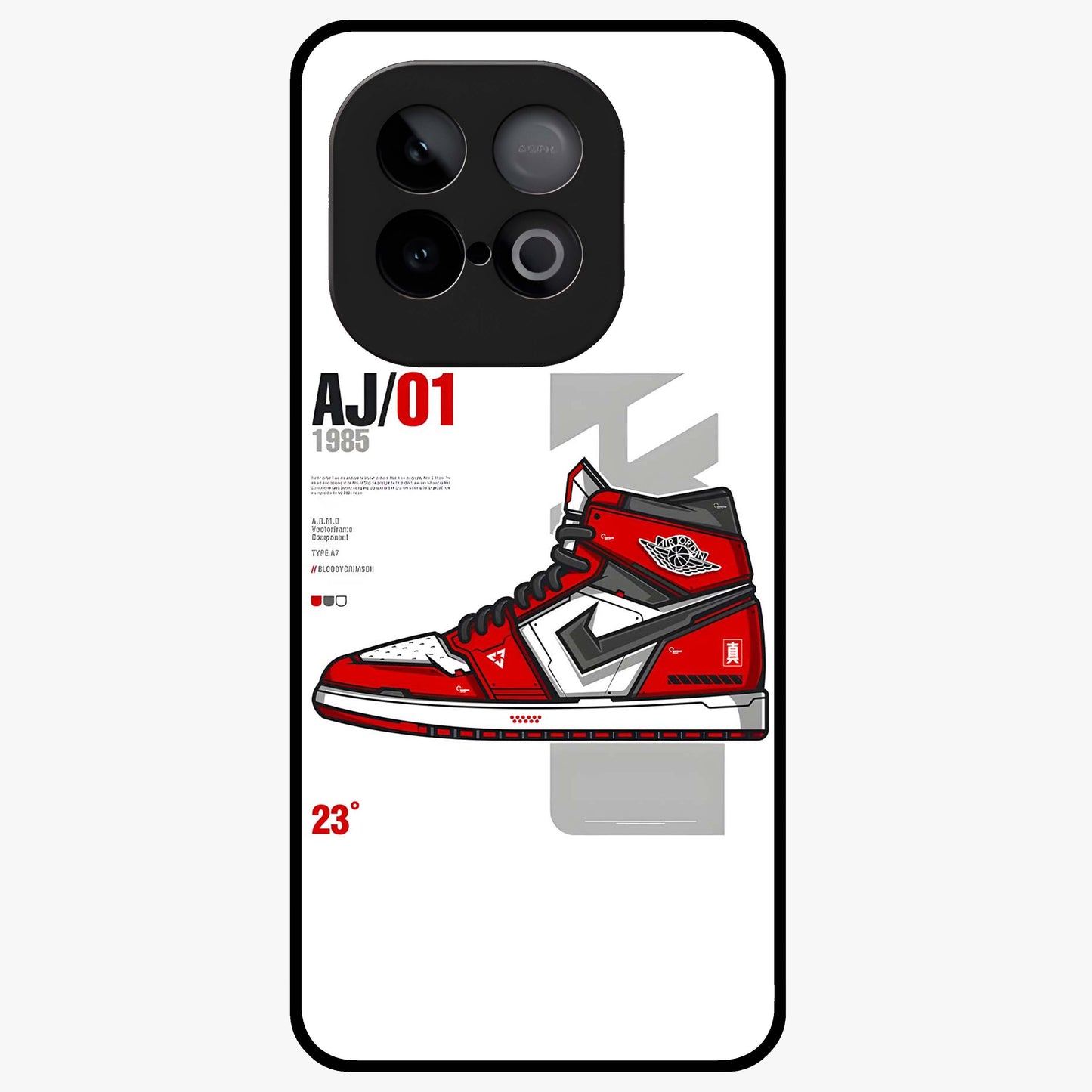 Retro Sneaker Blueprint Glass Case showing flat back view with sneaker blueprint style artwork and glossy glass finish.