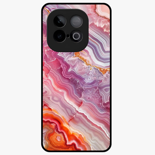 Rose Quartz Marble Glass Case showing flat back view with pink marble quartz texture artwork and glossy glass finish.